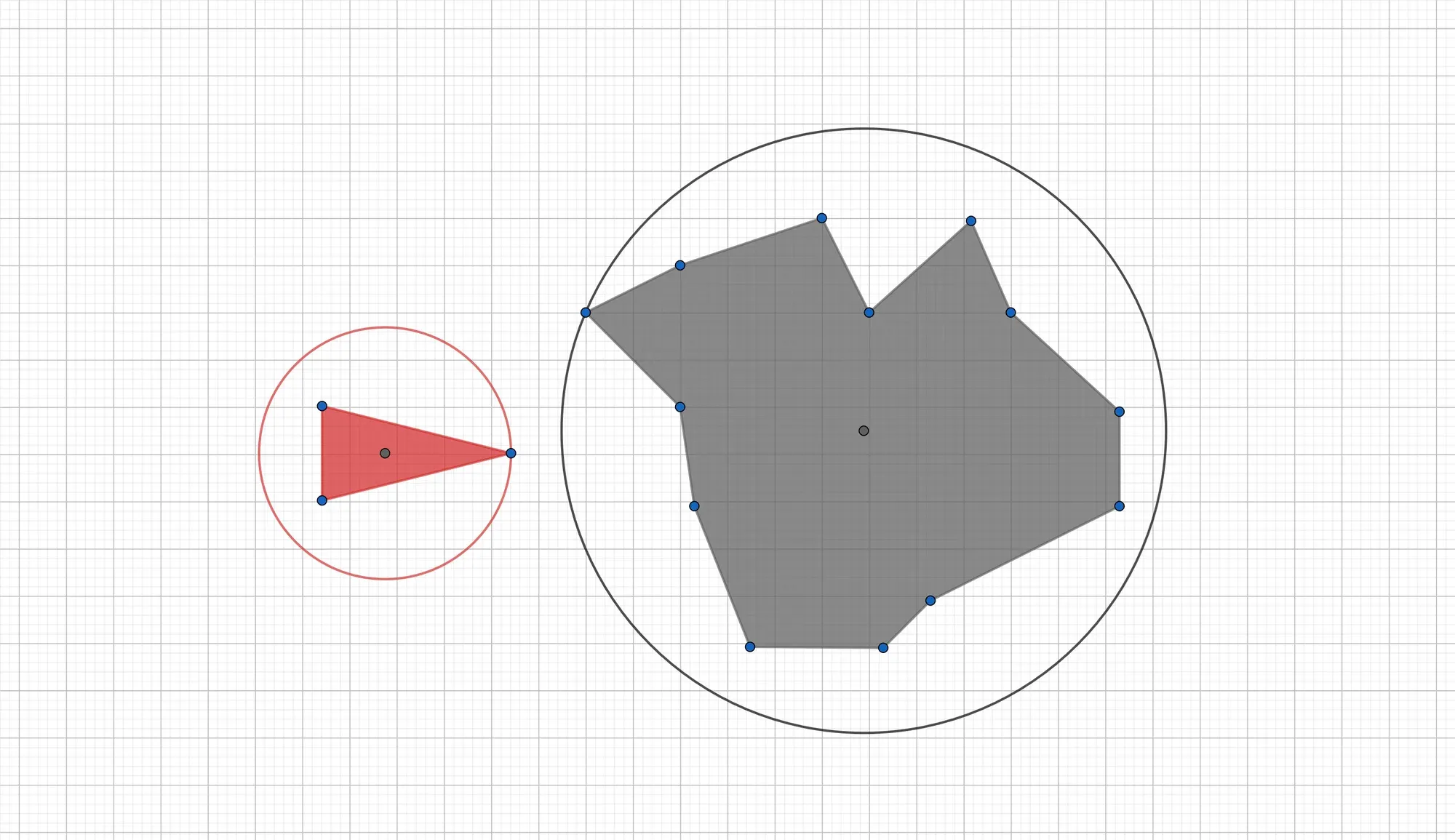 Bounding Spheres computed using the largest distance from the centroid of the polygon to each of the vertices.